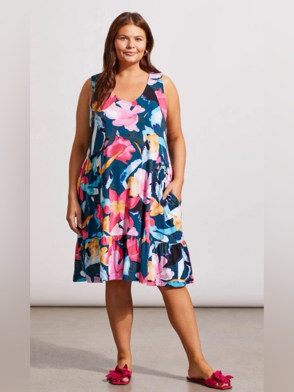 Tribal Sleeveless Midi Dress in Teal, Pink & Yellow Floral sz. L